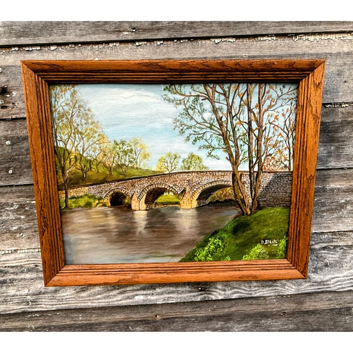 Vintage 70's Acrylic Framed Painting Stone Bridge Over a River 20x16