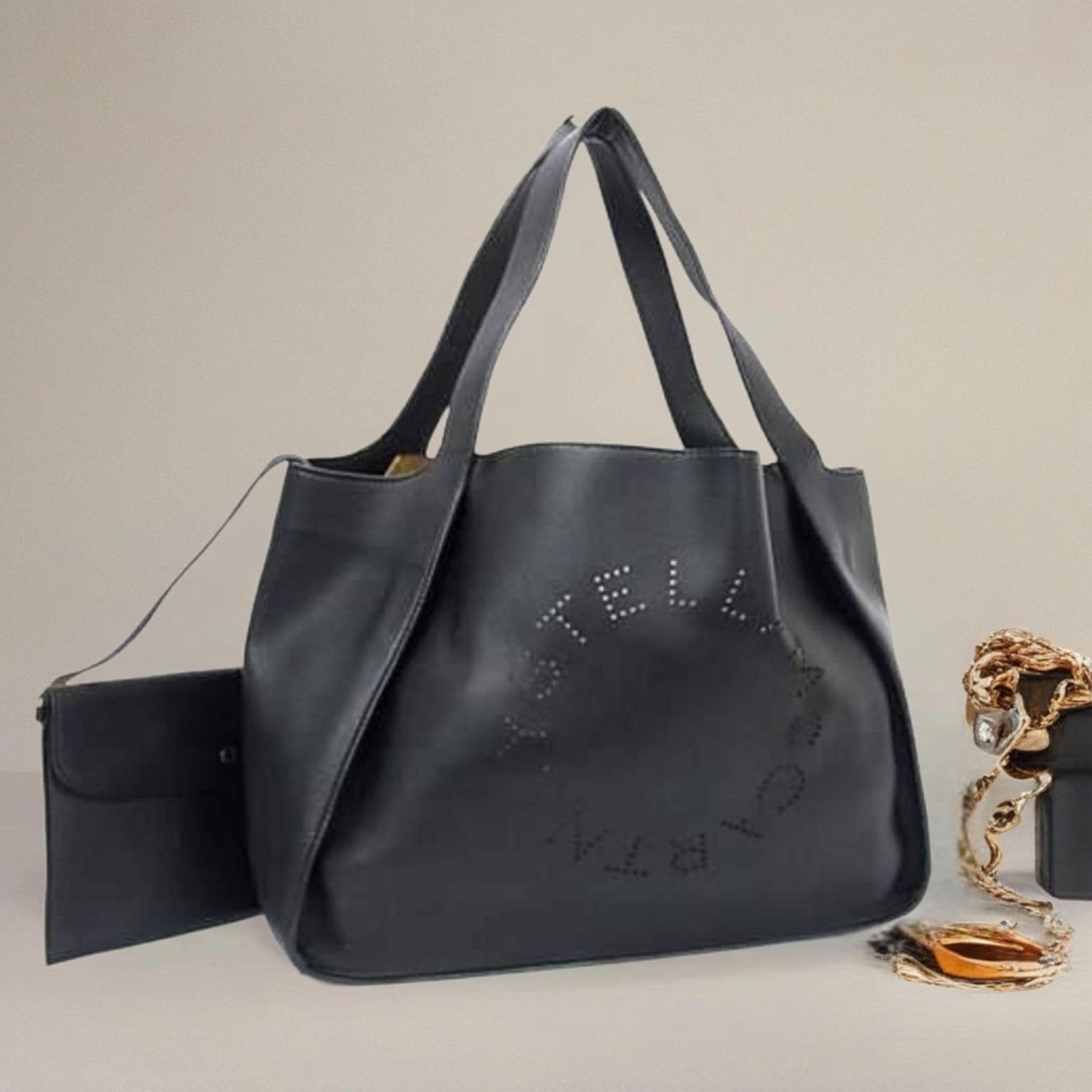 Stella McCartney Midnight Black Vegan Leather Logo Large Tote Bag w/ Pouch, VGUC