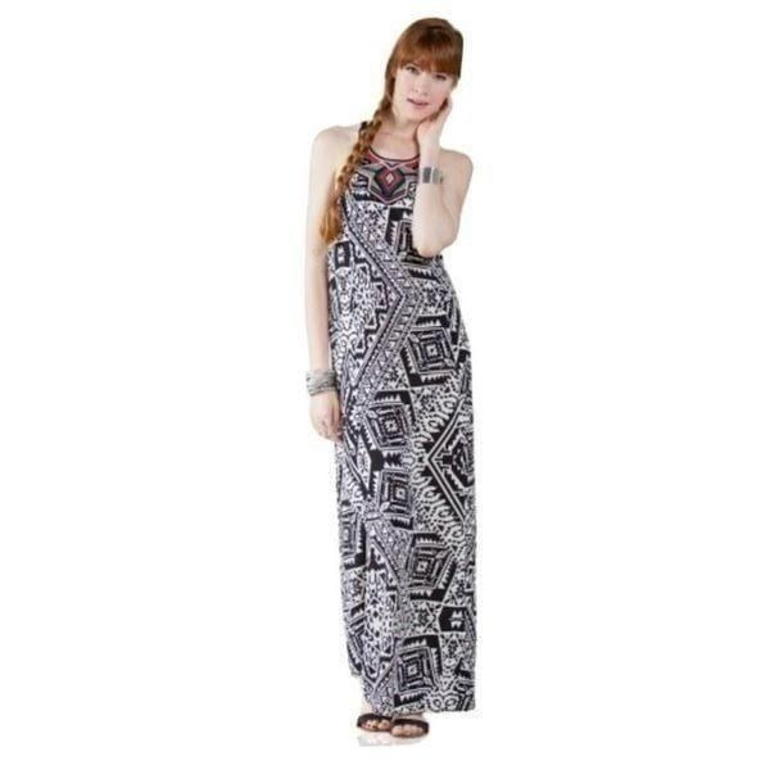 Flying Tomato Women's Geo Print Halter Maxi Dress XS Embroidered Open Back Tie