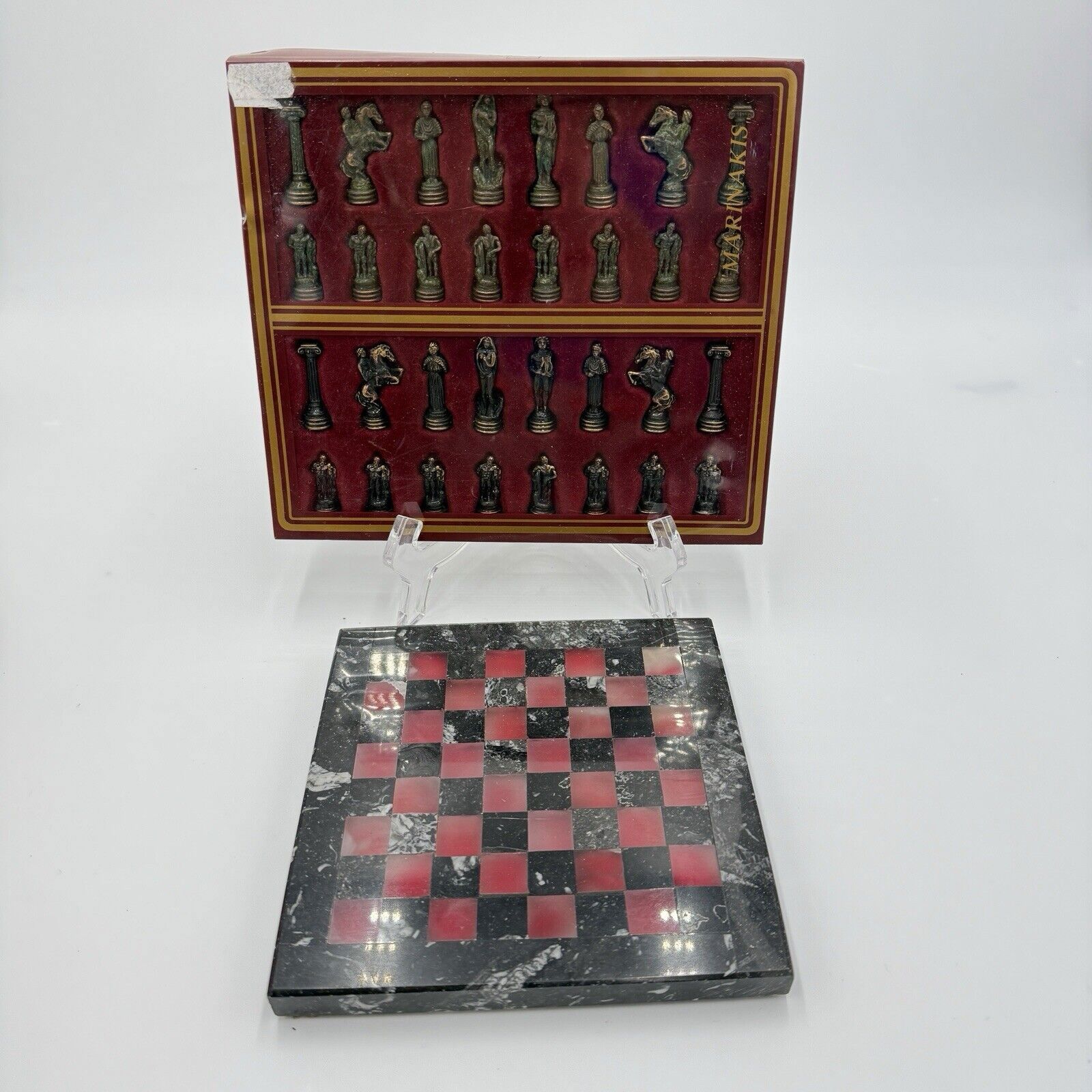 Vintage Marinakis Bros Marble Metal Mini Chess Set 6.5"x6.5" Miniature Greece