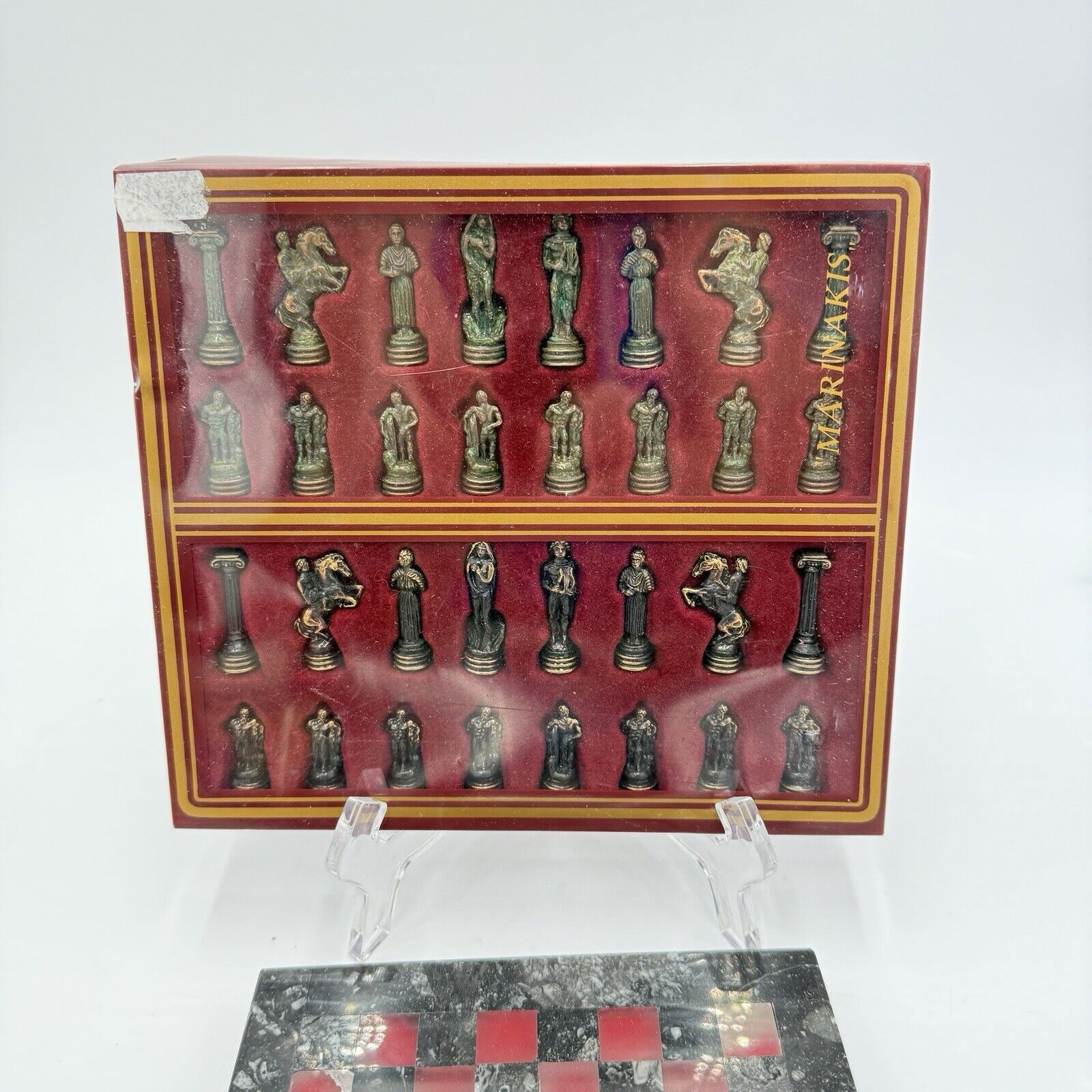 Vintage Marinakis Bros Marble Metal Mini Chess Set 6.5"x6.5" Miniature Greece - detail