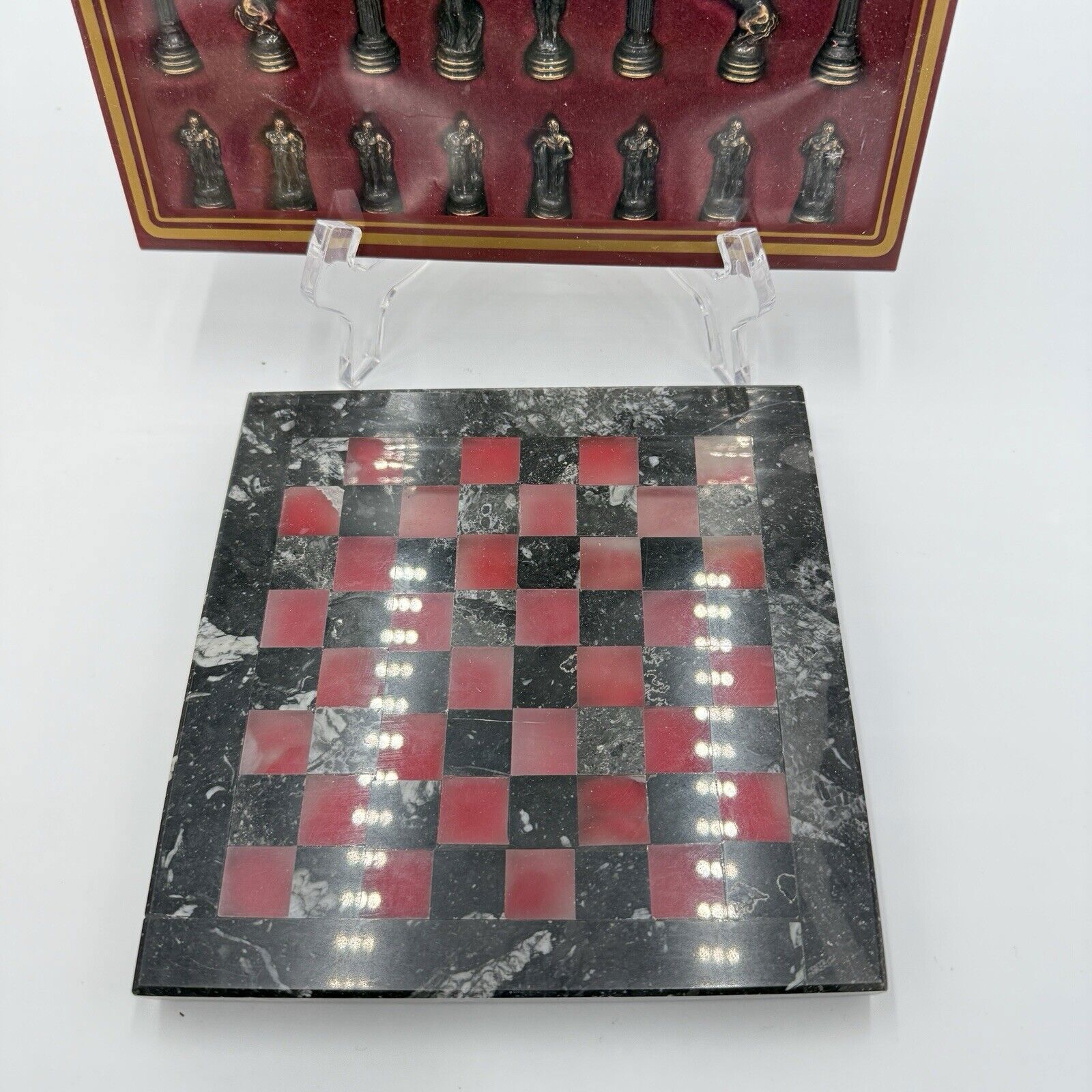 Vintage Marinakis Bros Marble Metal Mini Chess Set 6.5"x6.5" Miniature Greece - detail
