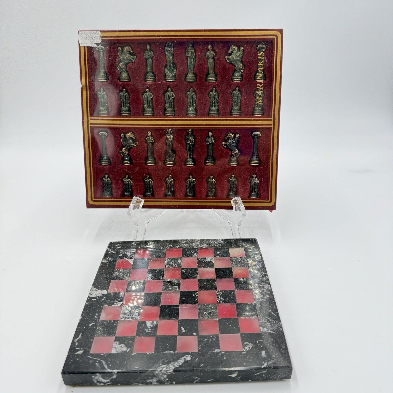 Vintage Marinakis Bros Marble Metal Mini Chess Set 6.5"x6.5" Miniature Greece - detail