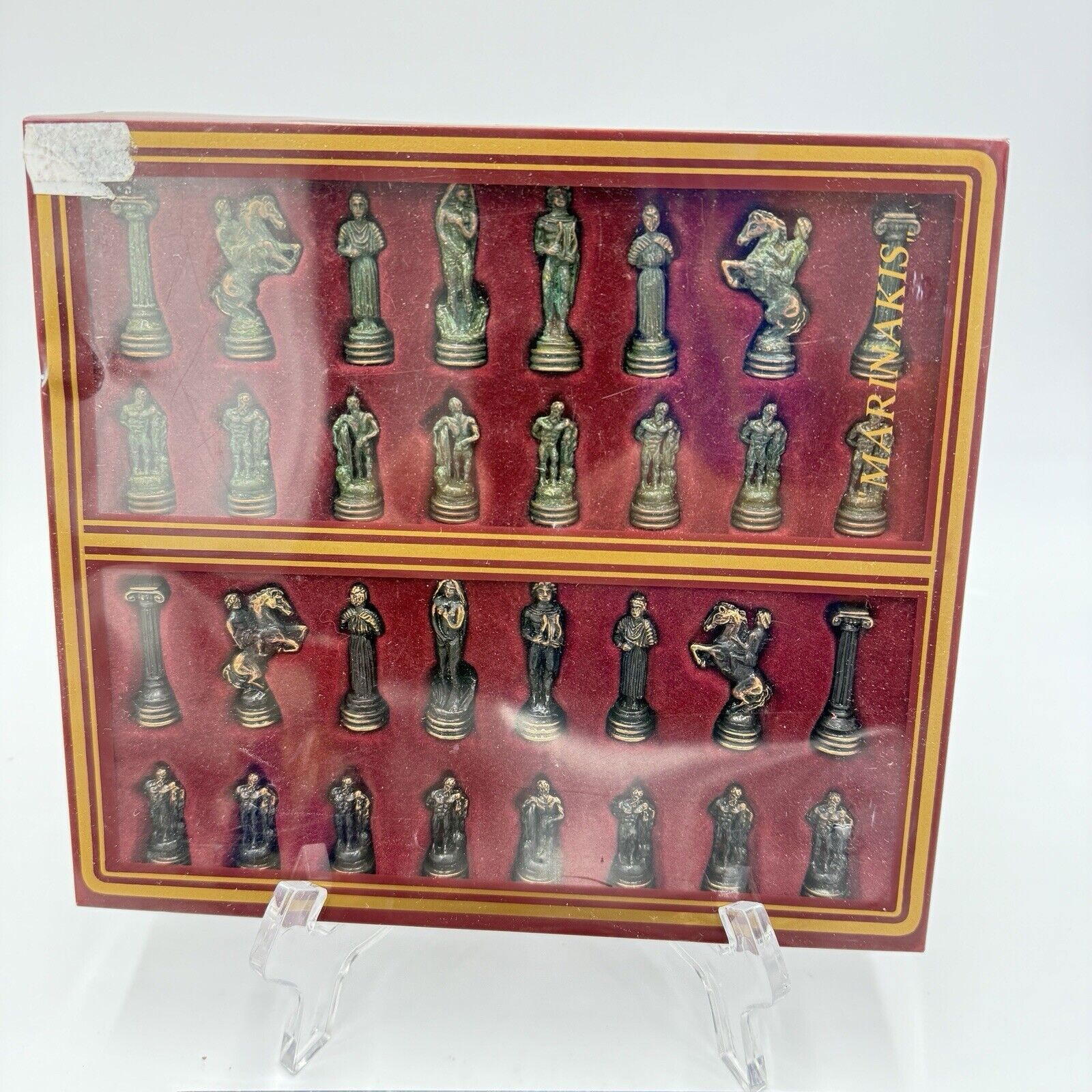 Vintage Marinakis Bros Marble Metal Mini Chess Set 6.5"x6.5" Miniature Greece - detail