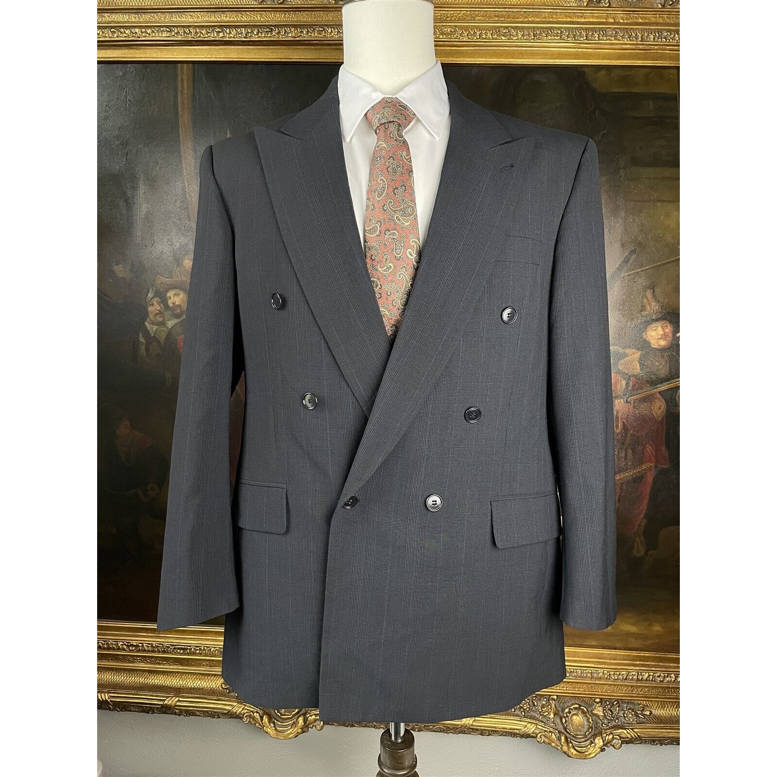 VTG Gianfranco Ruffini Italy 42R Gray Glen Plaid Wool Double Breast Peak Blazer