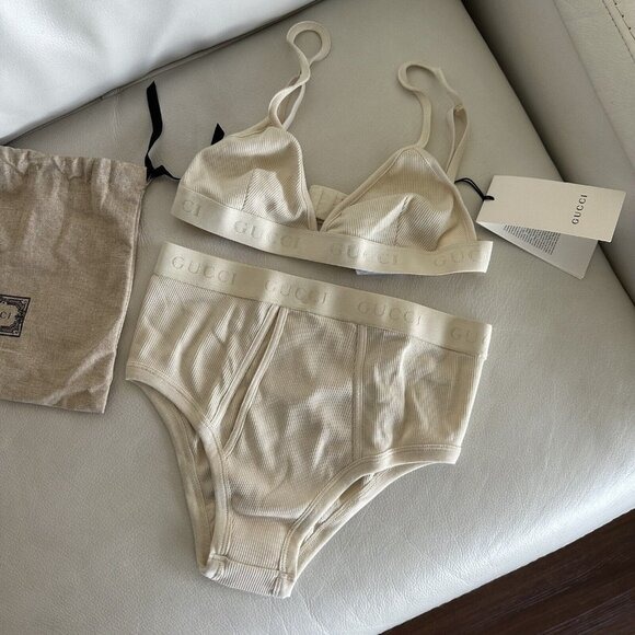 NWT GUCCI LINGERIE SET COTTON RIBBED BEIGE 100% Authentic Size M