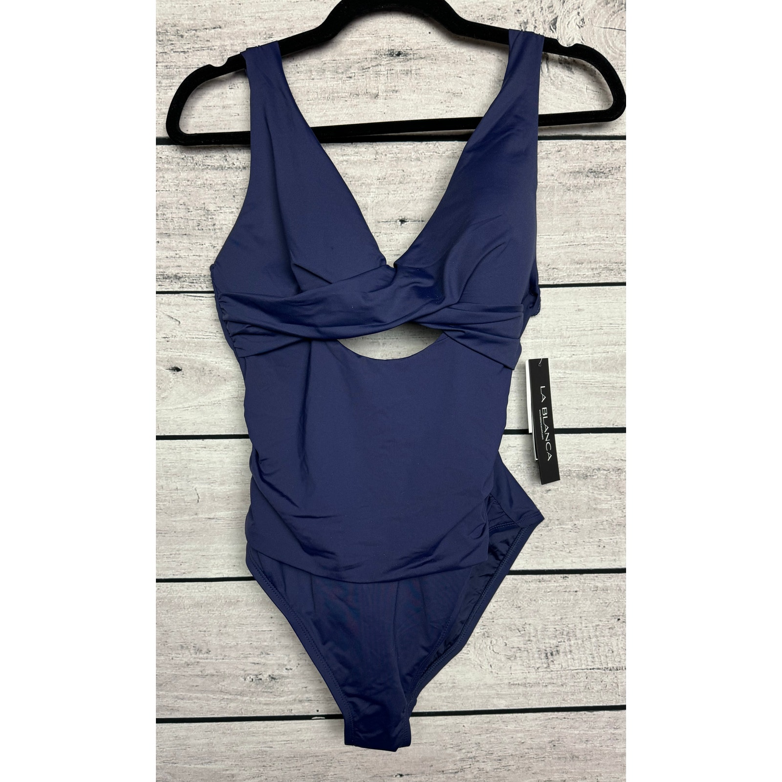 NWT Ladies La Blanca Blue Island Goddess Cross Front Keyhole Swimsuit - Size 10
