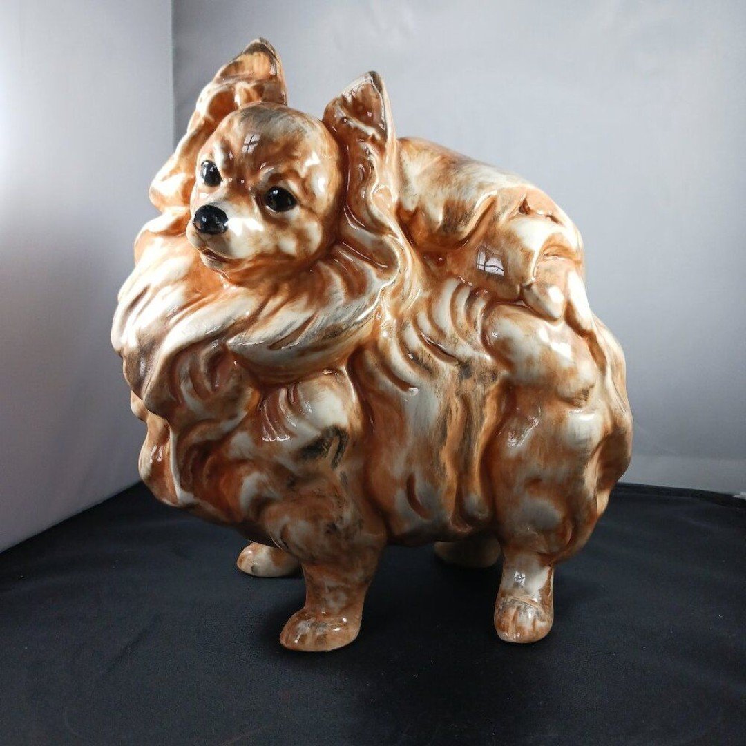 Vintage Large Ceramic Pomeranian Dog Figure Ceramic Statue