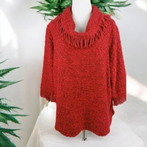 Ali Miles 3/4 Sleeve Stylish Boatneck Red Black Pullover Sweater with Fringe