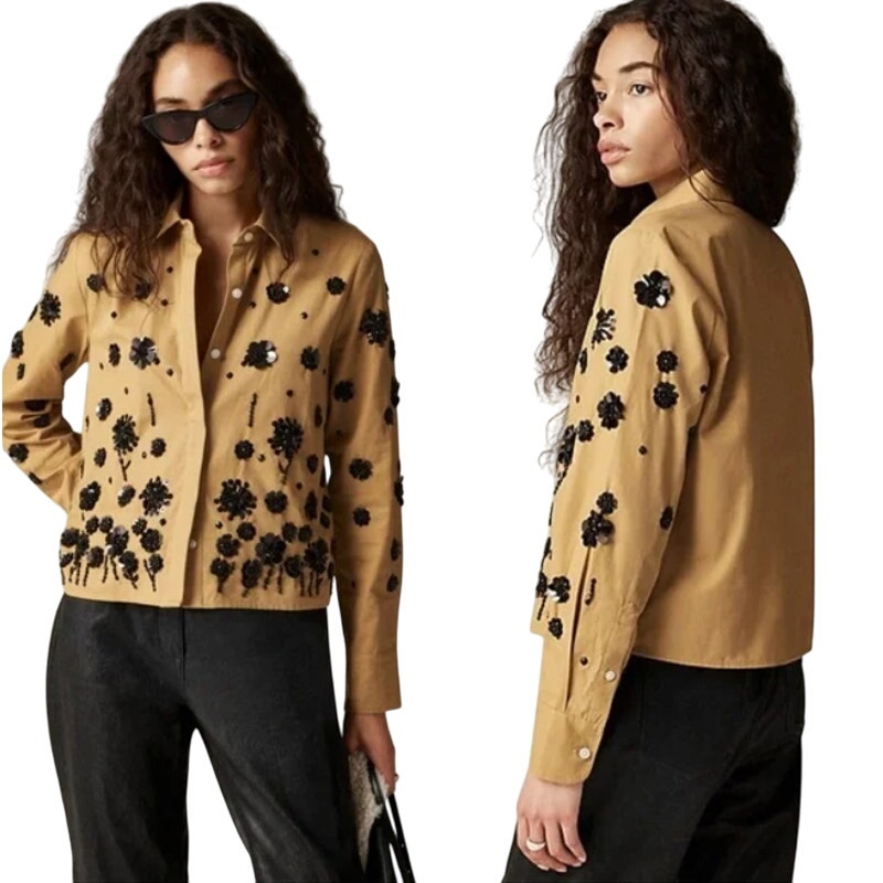 J. Crew Sequin-embellished button-up shirt Honey Brown 14 NWT
