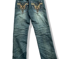 Raw Blue Jeans Men 32x32 Denim Embroidered Pants Baggy Rap Y2K Vintage Adult