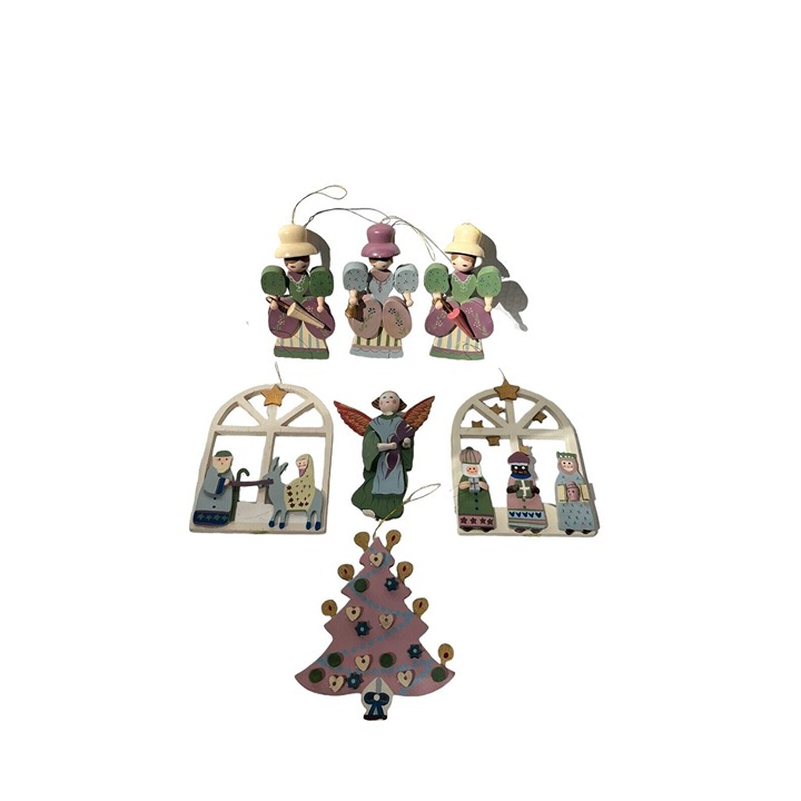 Lot Of 7 Vintage German Wood Christmas Ornaments Angel Nativity Tree Women