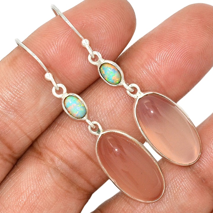 New - Rose Quartz and White Fire Opal 925 Sterling Silver Earrings