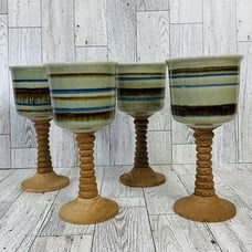 VTG Artisan Clay Goblets Set 4 Drip Glaze Votive Signed Farmhouse Rustic Decor
