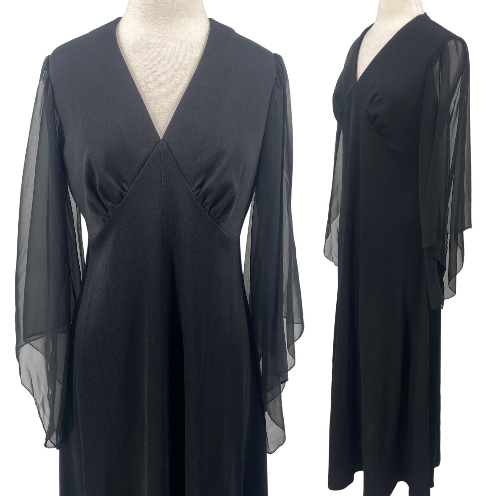 Vintage 70s Sears Empire Waist Maxi Dress Flowy Sheer Sleeves V Neck Black 10/12