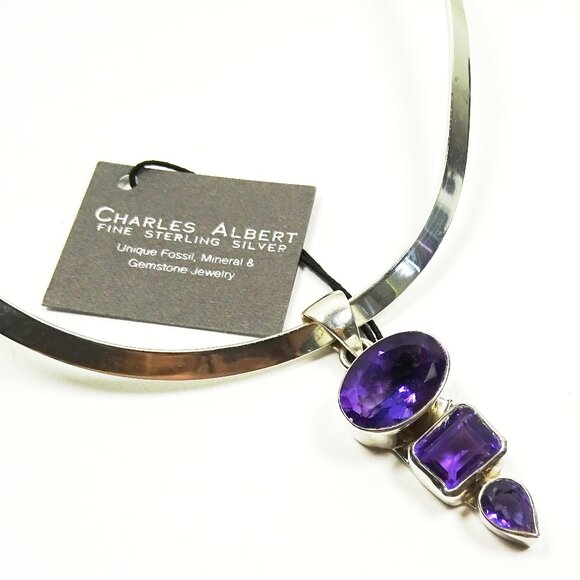 CHARLES ALBERT Sterling Silver Genuine Purple Amethyst Choker Necklace