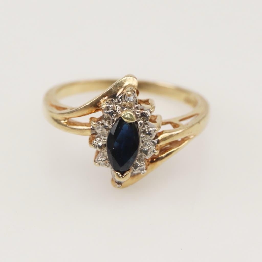 14K Solid Yellow Gold .35Ctw Sapphire & Diamond Ring Size 6