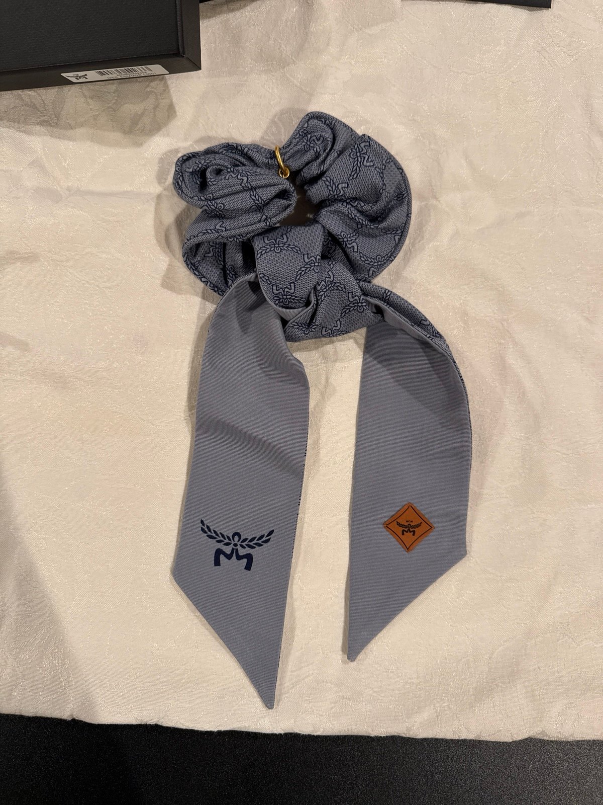 MCM Women's Blue Lauretos Monogram Print Scrunchie With Scarf NWT