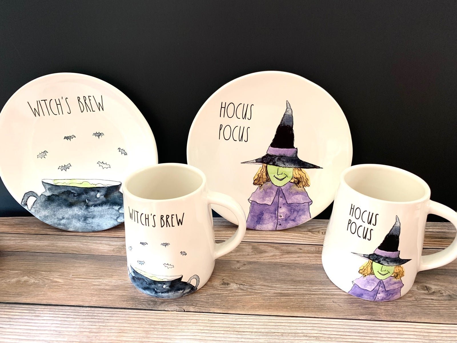Rae Dunn Hocus Pocus and Witch’s Brew Appetizer Plates and Mug Halloween Set New