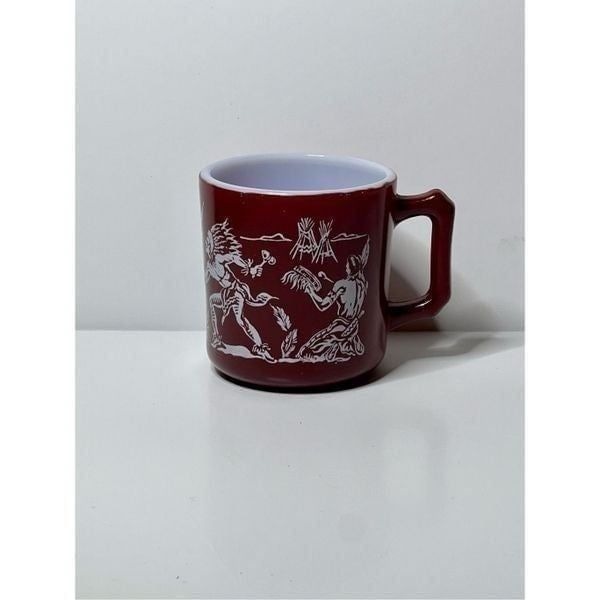 Vintage Hazel Atlas Children’s Milk Glass Mug Tex Hawk Cowboy Native American