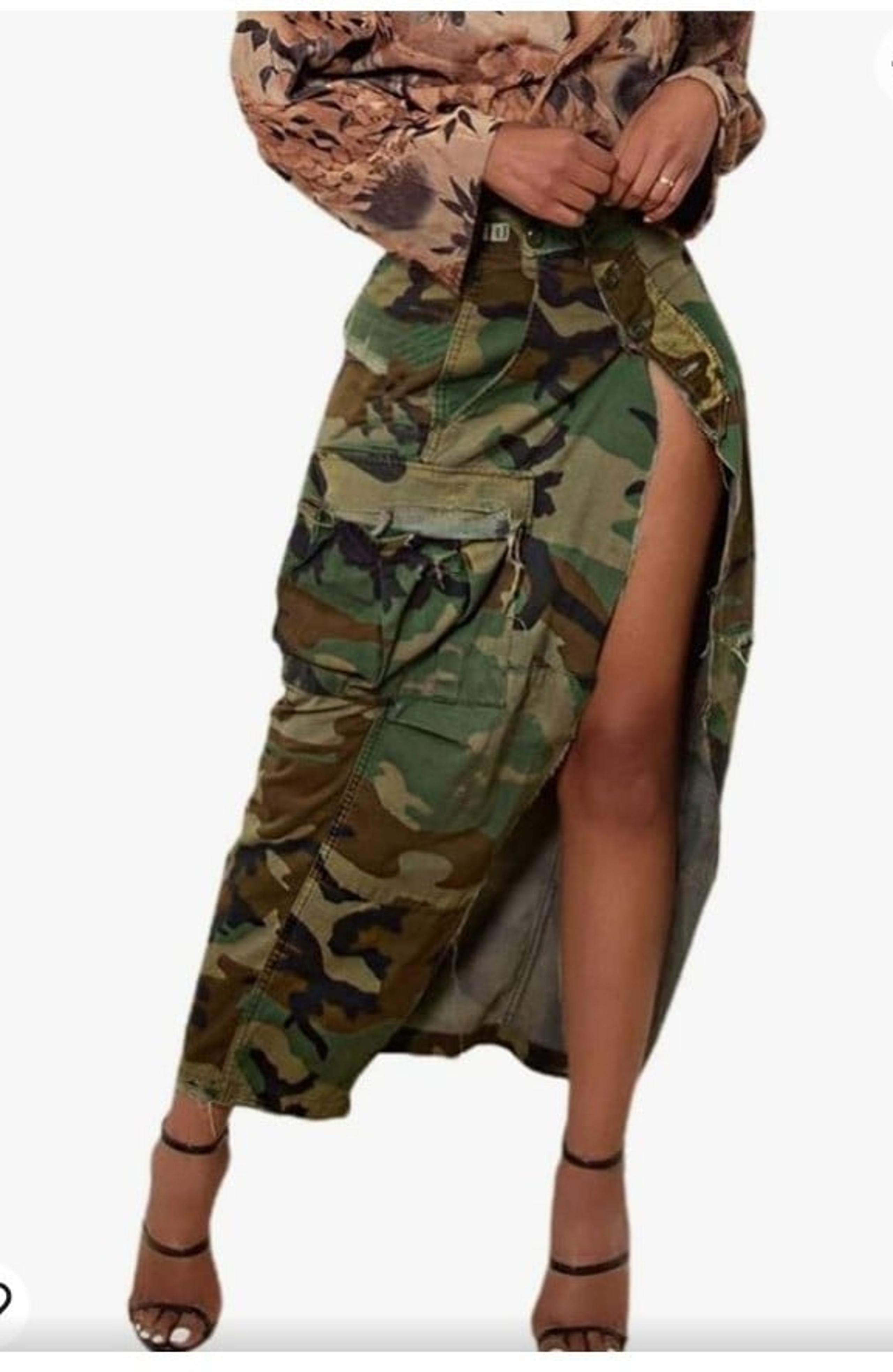 BIUPOS4 Women Midi Skirt Camo Cargo Sexy High Splits Denim Skirt
