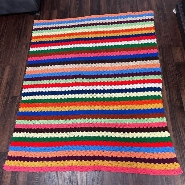 Vintage Handmade Crochet Rainbow Afghan Blanket Multicolor Wavy Stripes 54x64