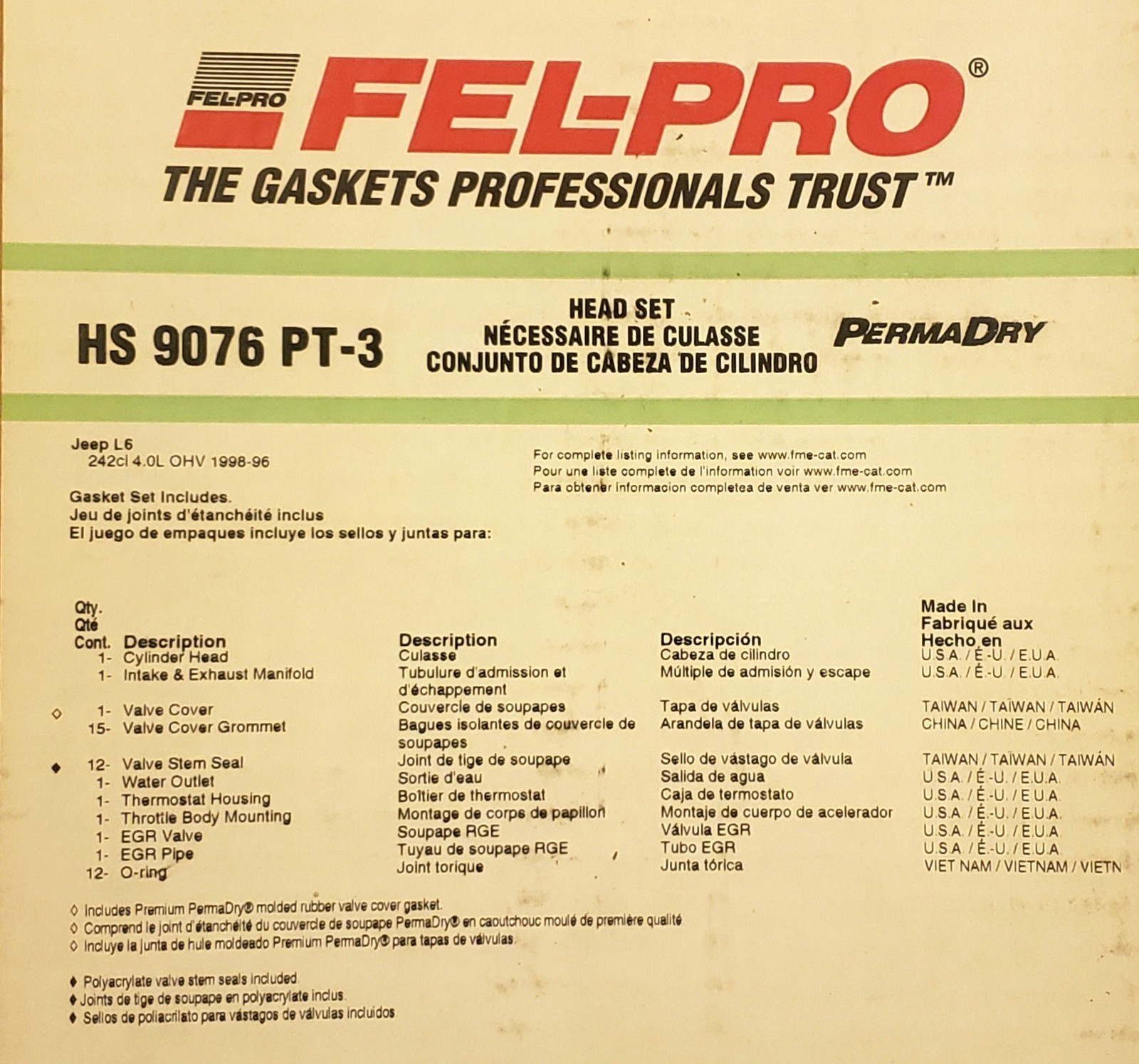 Felpro( 1996-1998 Jeep L6 )Engine Cylinder Head Gasket Set