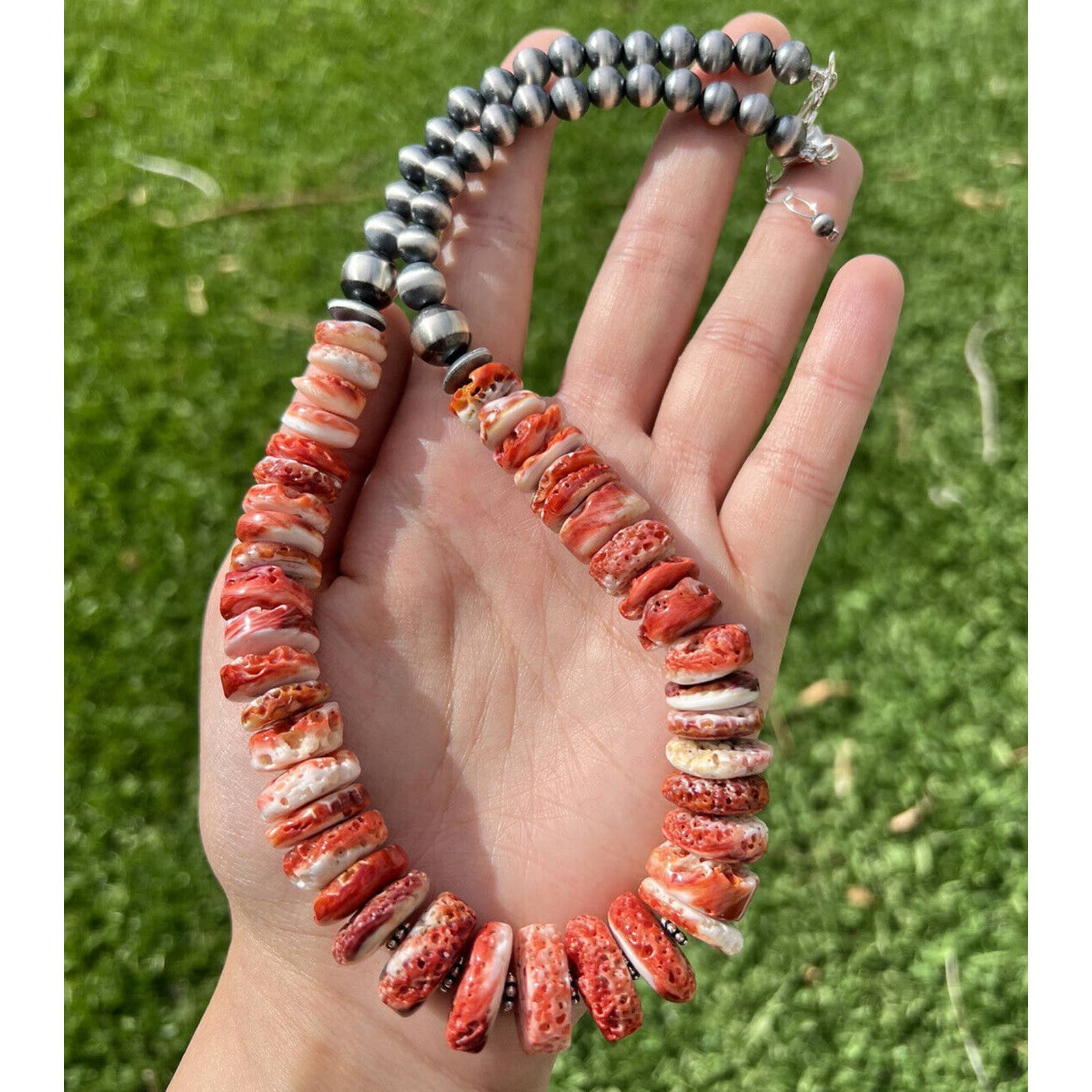 Sterling Silver Red Spiny Oyster W Pearls Bead Necklace 18 inch