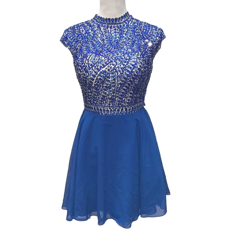 Izilady High Neck Beaded Bodice A Line Dress Sz 2 Royal Blue Open Back Cocktail