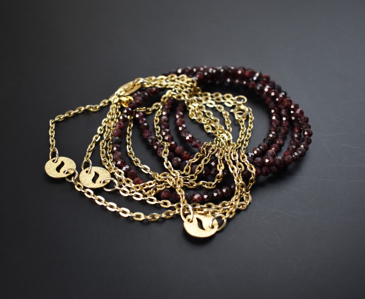 Very long chain and garnet necklace set, extra long wrapped station necklace