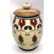 PIER 1 CERAMIC CANISTER JAR HAND PAINTED IN INDIA WOODEN LID 7 Coffee Tea