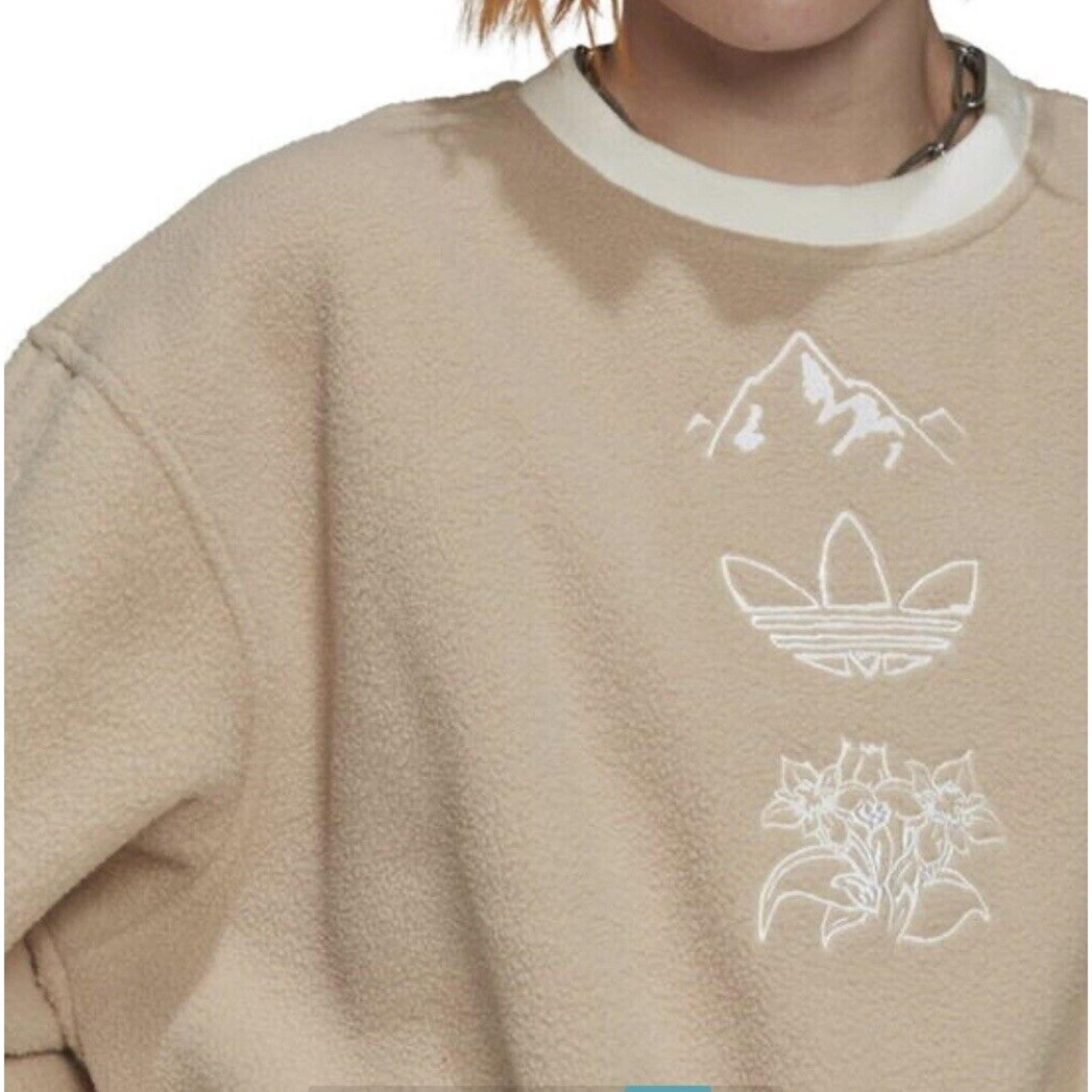 Adidas Fleece Sweatshirt Womens Small Graphic Beige Cream Pique Trim HM1607