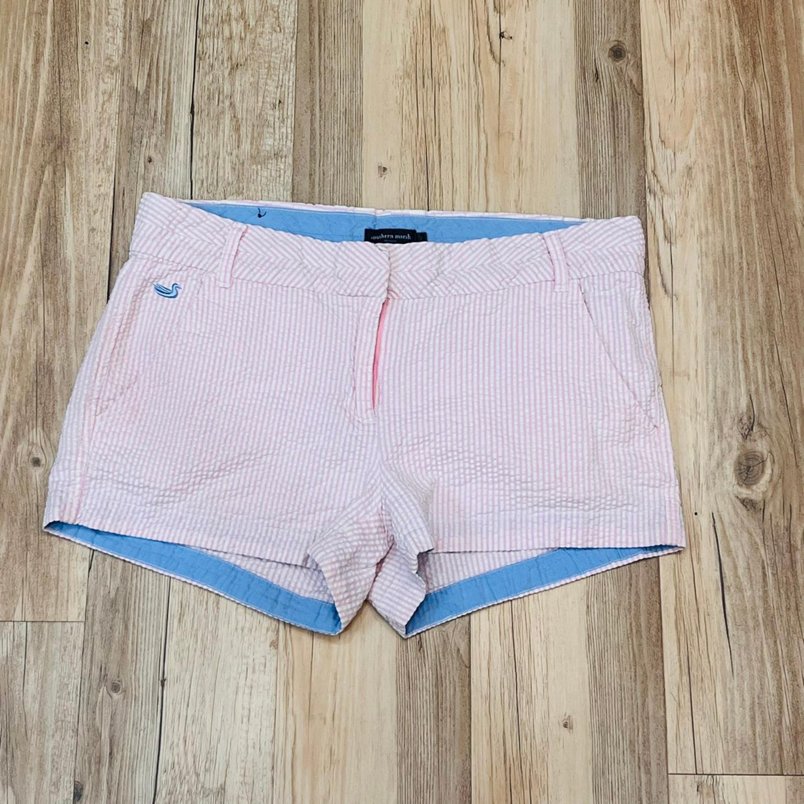 The Brighton Seersucker Chino Short in Pink Stripe by Southern Marsh size 8.
