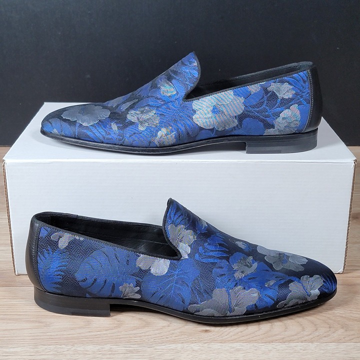 Saks Fifth Avenue Magnanni Lizandro Loafers Mens Size 9 Blue Floral Leather Shoe