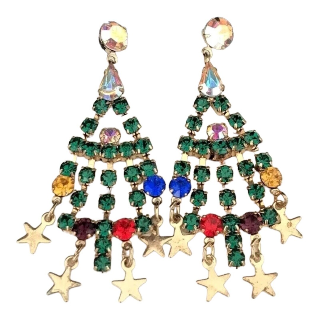 New Kirks Folly Earrings Christmas Tree Gold Tone Prong Set Crystals Pierced 7F