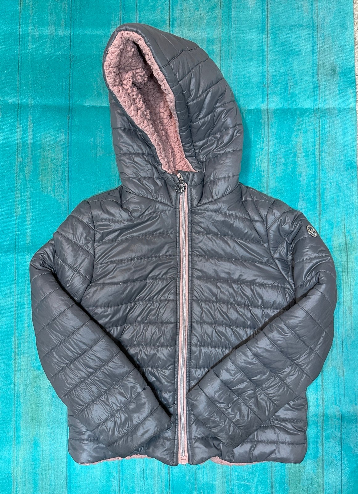Michael Kors Girls Black Sherpa Insulated Hooded Quilted Jacket Size: 7/8
