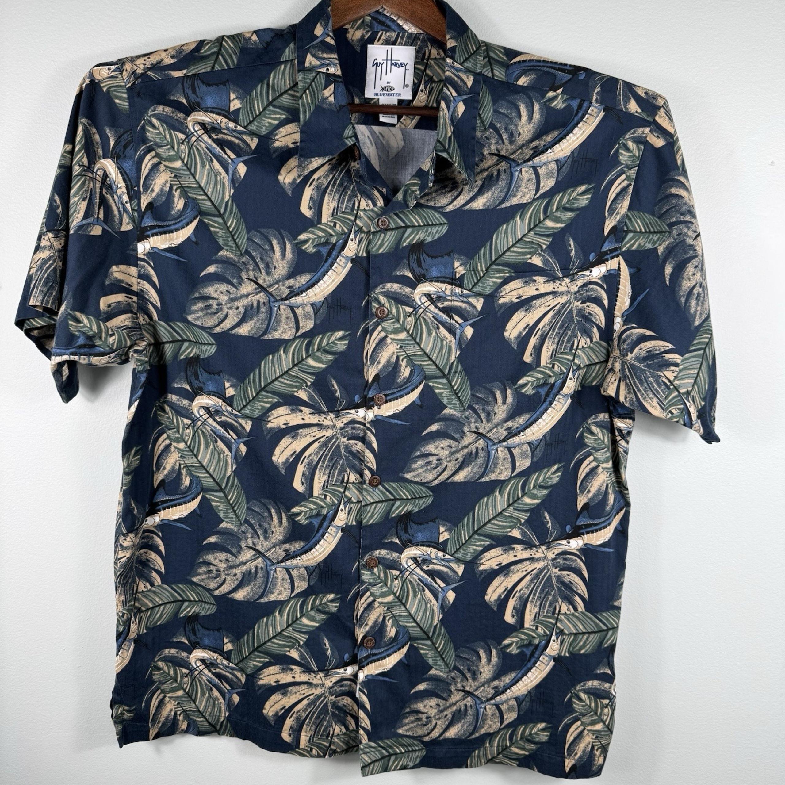 Guy Harvey, Men's Size XL, Blue Marlin Print, Hawaiian Style Button Down Shirt