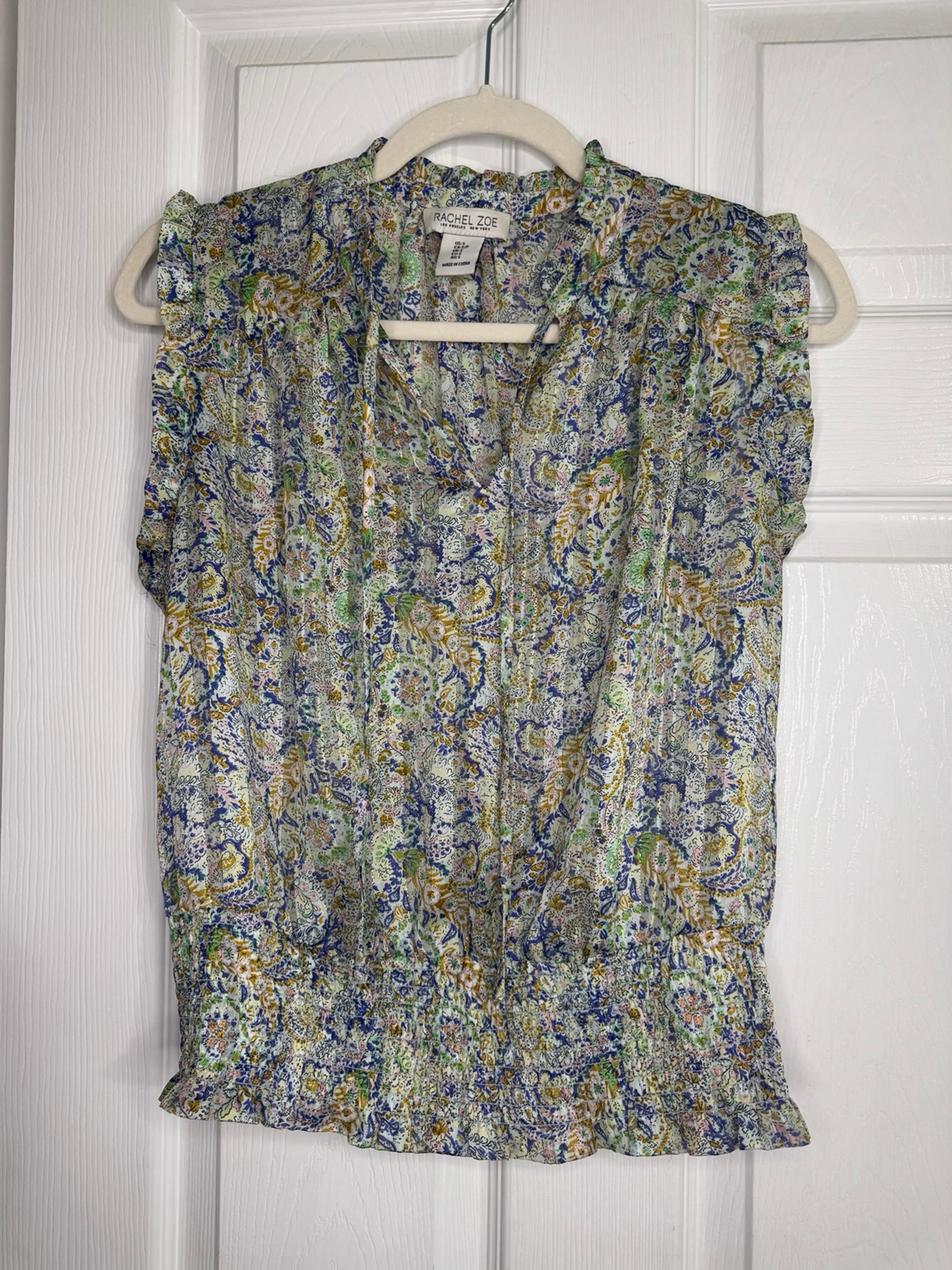 Rachel Zoe blue paisley tie front blouse size S