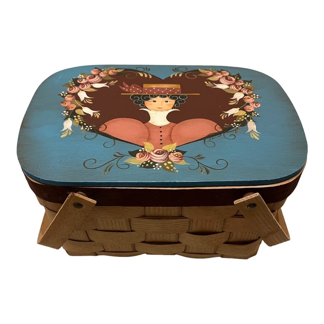 Rare Signed Hand Painted Russian Folk Art Lady Rose Woven Picnic Basket Blue Lid