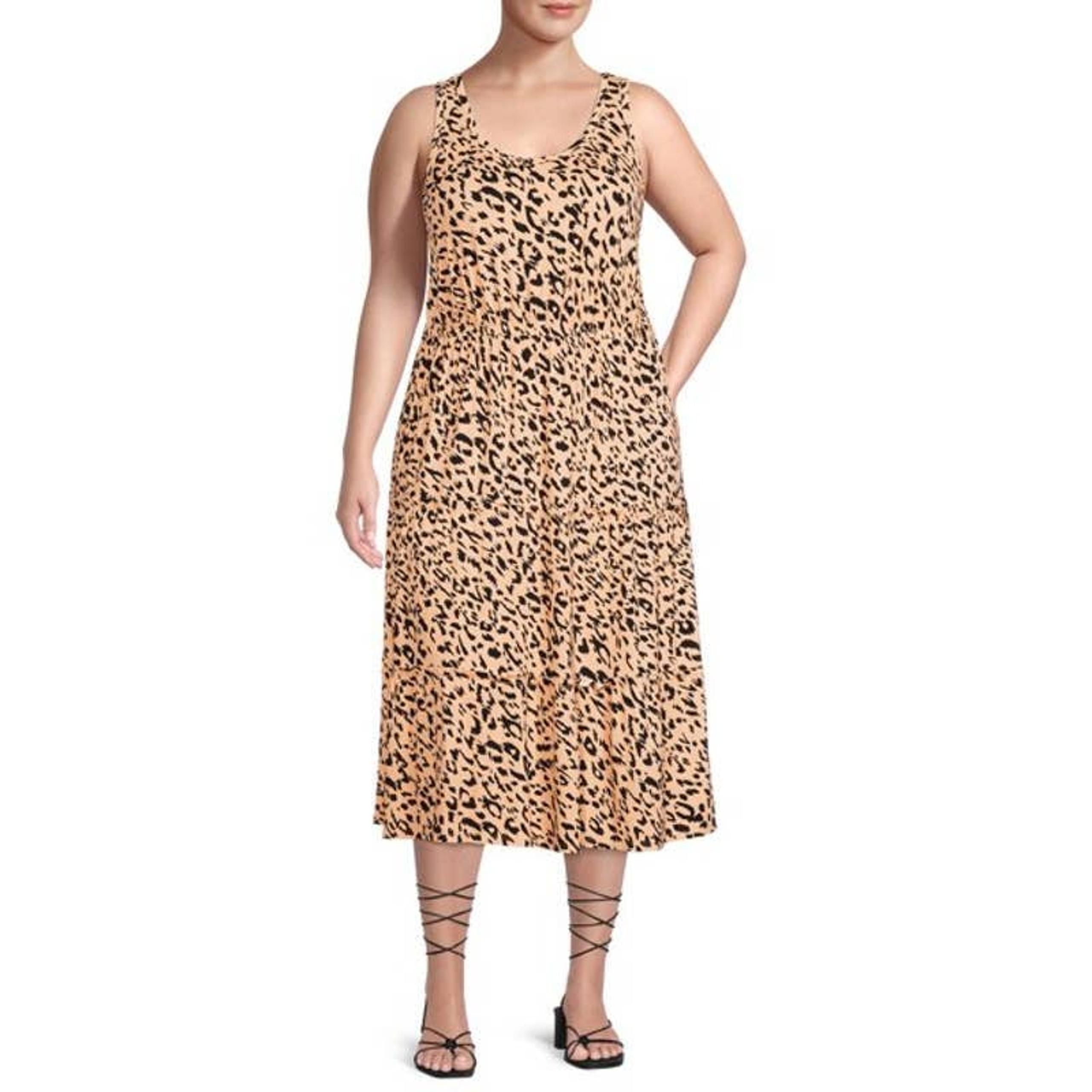 Terra & Sky Women's Plus Size Brown Leopard Print Tiered Midi Dress