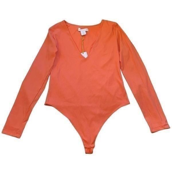 House Of Harlow 1960 NWT Enhancing Essentials Bodysuit Ribbed V-Neck Tangerine S