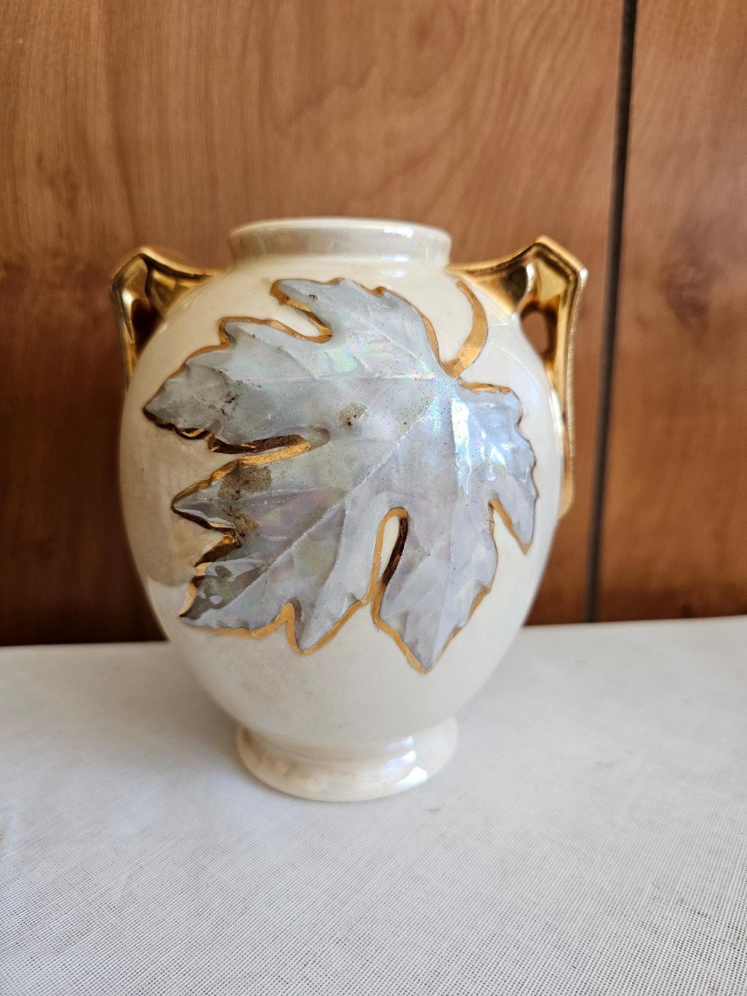 Vintage USA 22K Gold Vase w Handles and Leaf Design
