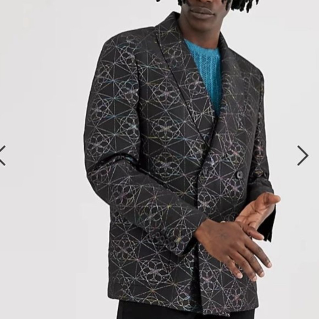 ASOS EDITION Boxy Double Breasted Blazer With Metallic Geo Design In Black Sz 38