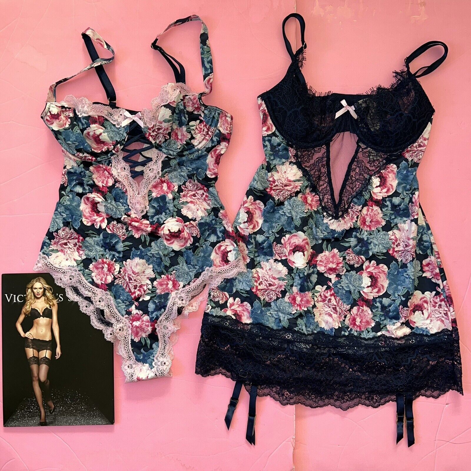 Victoria's Secret 32A/32B XS Teddy+garter SLIP/DRESS navy Blue Pink Peonies lace