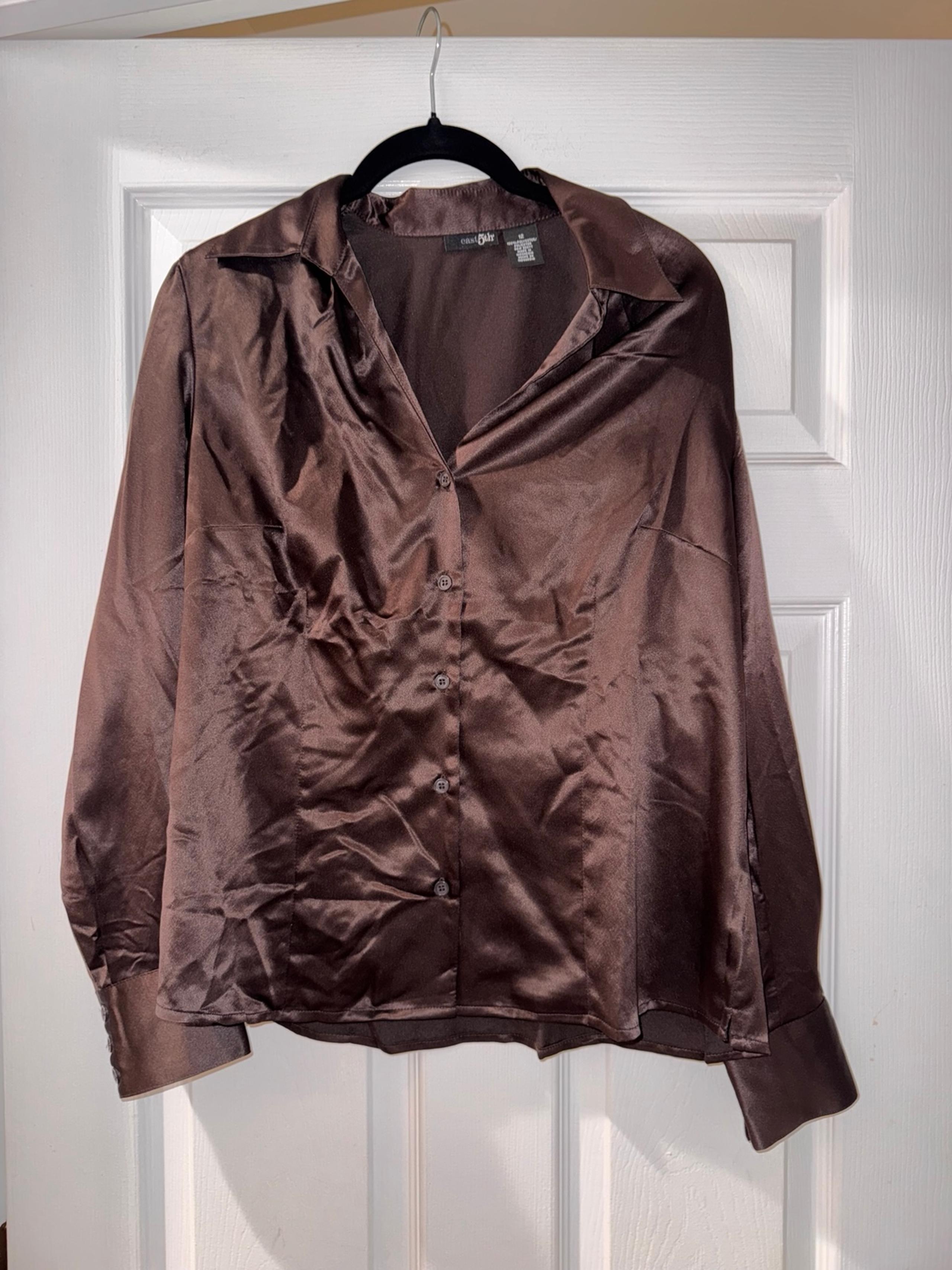 Women’s brown satin button up blouse size 12