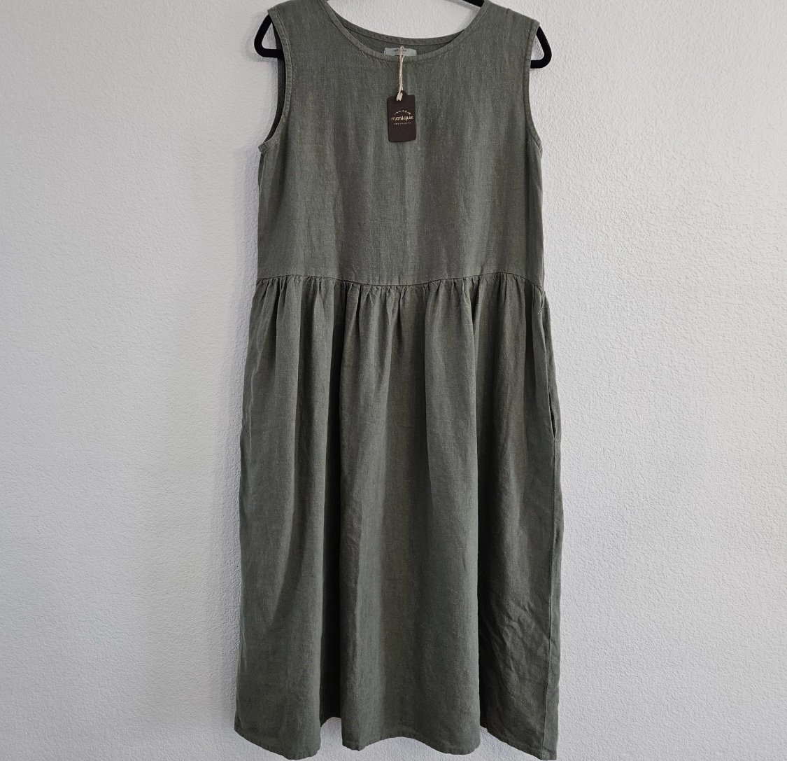 Menique Maya Dress 100% Linen NWT Sage Green