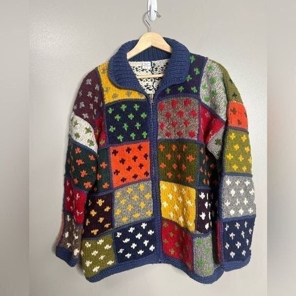 Incas Arts crafts wool zip up cardigan Ecuador chunky knit bohemianstyle #hippie