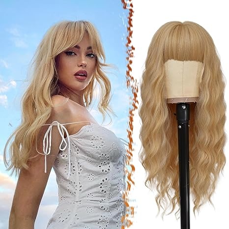 Long Blonde Wig With Bangs - 26 Inch Long Wavy Blonde Wig With Bangs for
