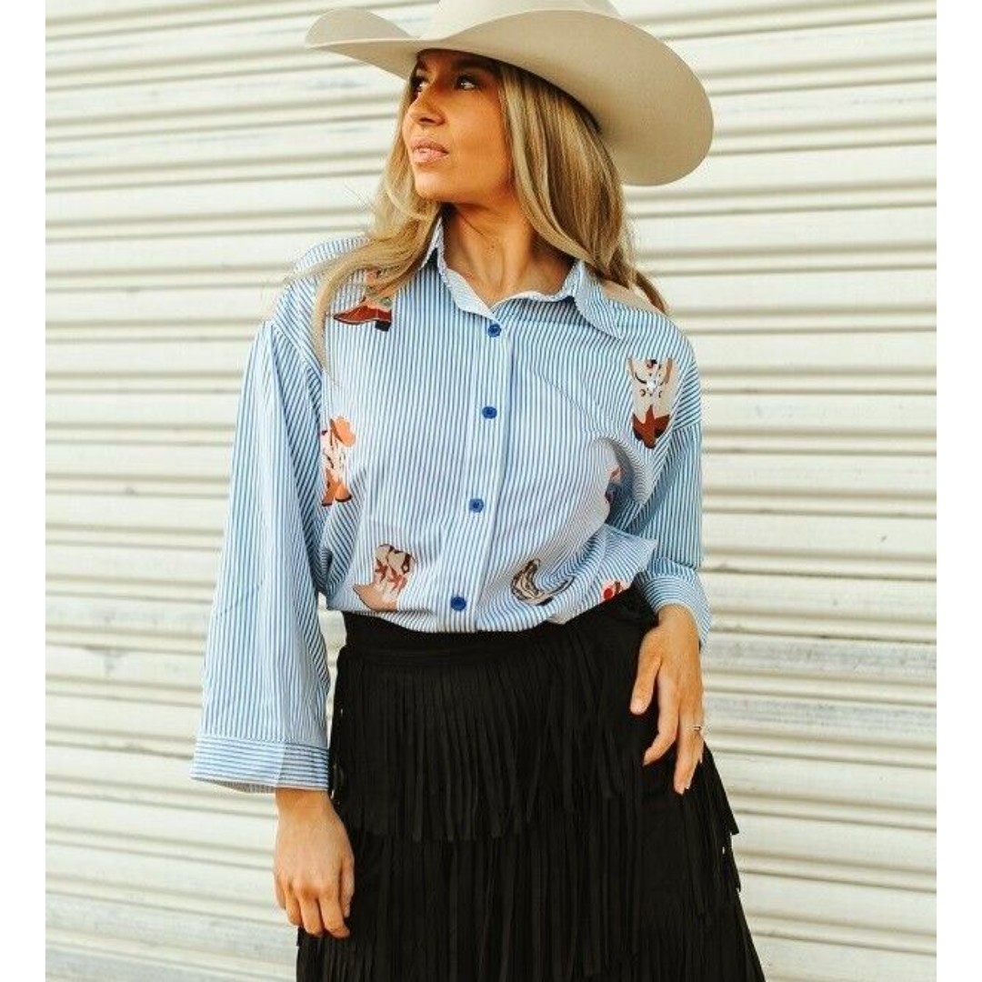 Lucky & Blessed Pin Stripe Collared Shirt Long Sleeve Yoke Boots