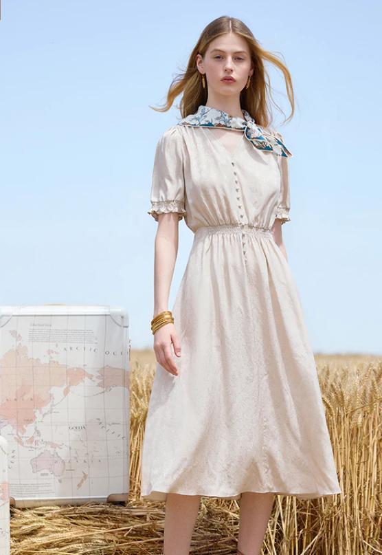 【GOELIA】Mulberry Silk Jacquard Semi-Long One-Piece